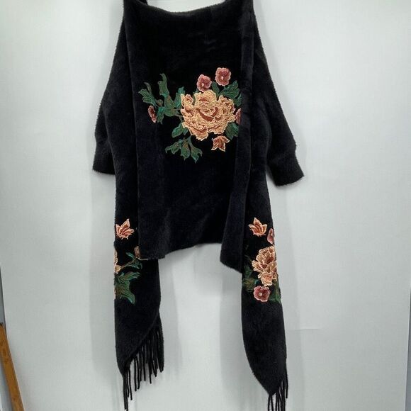 Black Fringed Embroidered Floral Open Cardigan Kimono Sweater One Size - Picture 4 of 4